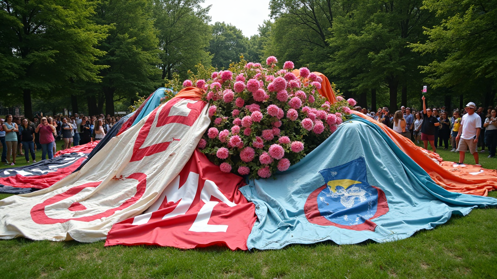 A massive, colorful pile of tattered climate protest banners resting in a park, with flowers blooming out of it, as people gather around snapping selfies.