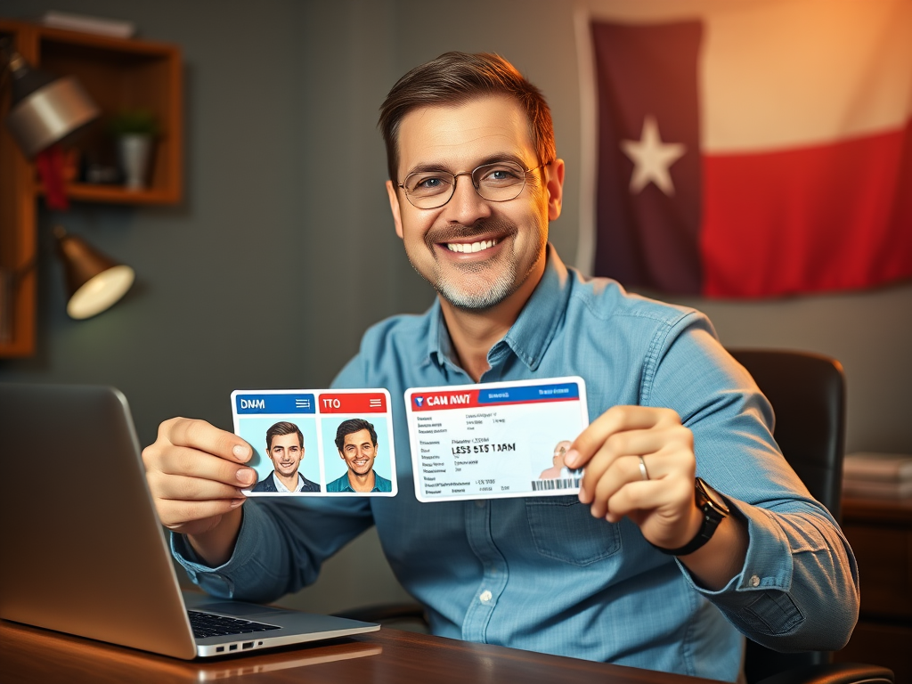 Create a realistic image of a smiling white male in his 30s holding a newly printed Texas driver's license, sitting at a desk with a laptop showing a Texas DMV website, with a Texas state flag visible in the background, and warm lighting creating a sense of accomplishment and relief.