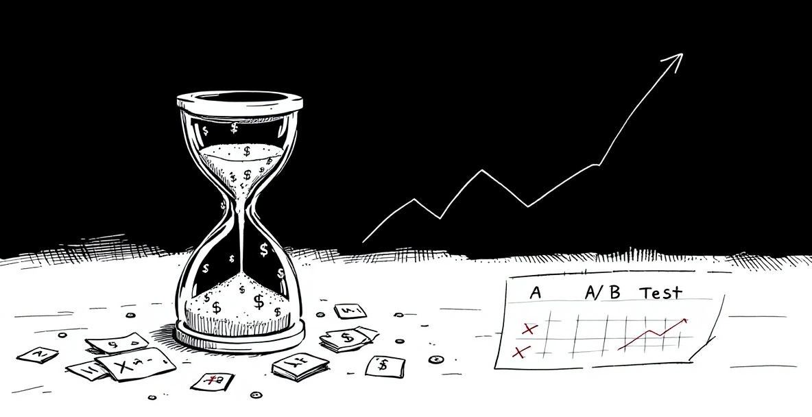 Minimalist sketch of an hourglass with dollar signs draining beside an A/B test diagram with calendar pages and downward graph