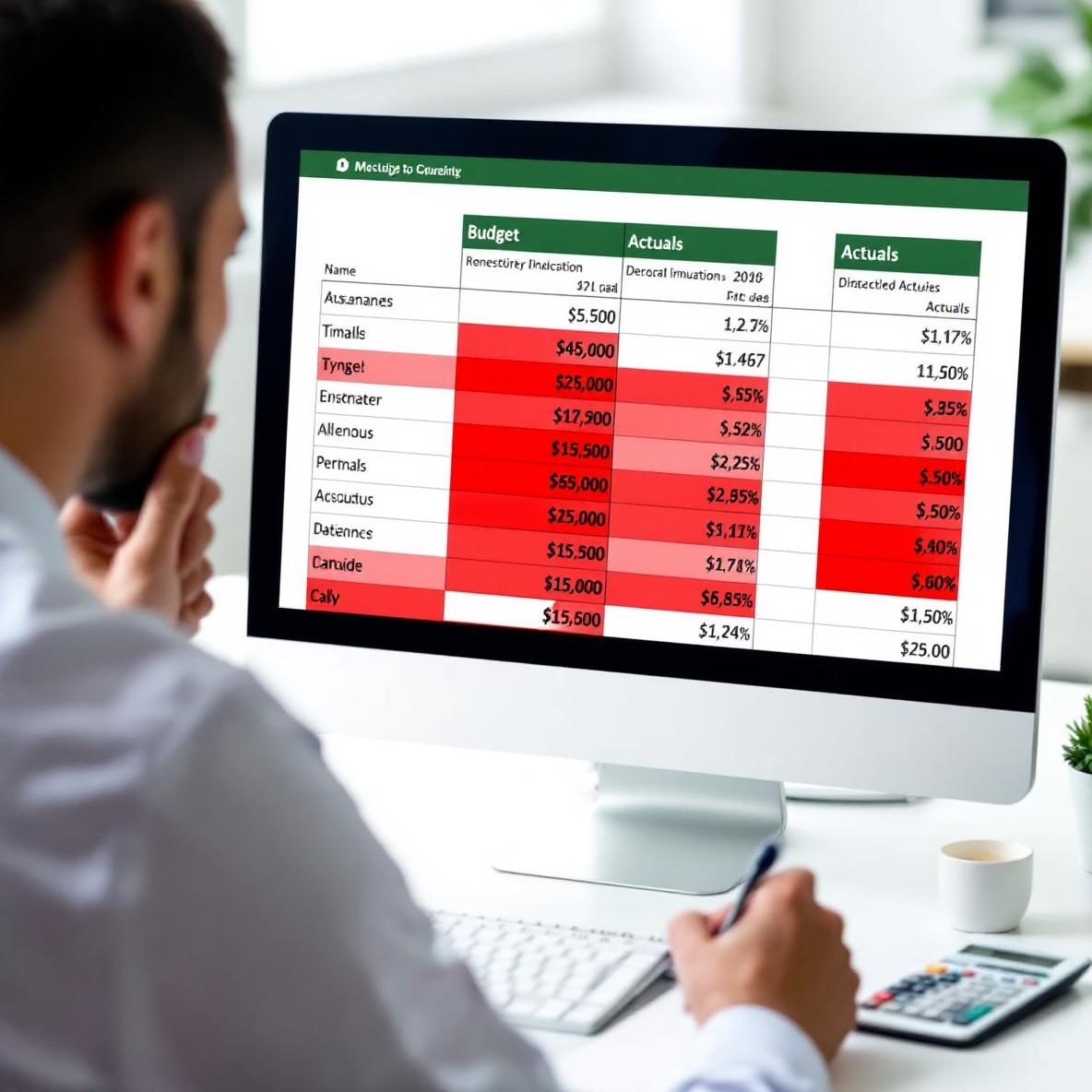 An office worker examining a computer spreadsheet displaying budget versus actuals with discrepancies, surrounded by a calculator and notepad.