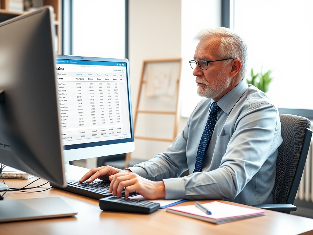 Create a realistic image of a professional white male business owner in his 40s sitting at a desk, reviewing a business bank statement on a computer screen, with a calculator and notepad nearby, in a modern office setting with natural lighting from a window, emphasizing focus and understanding.