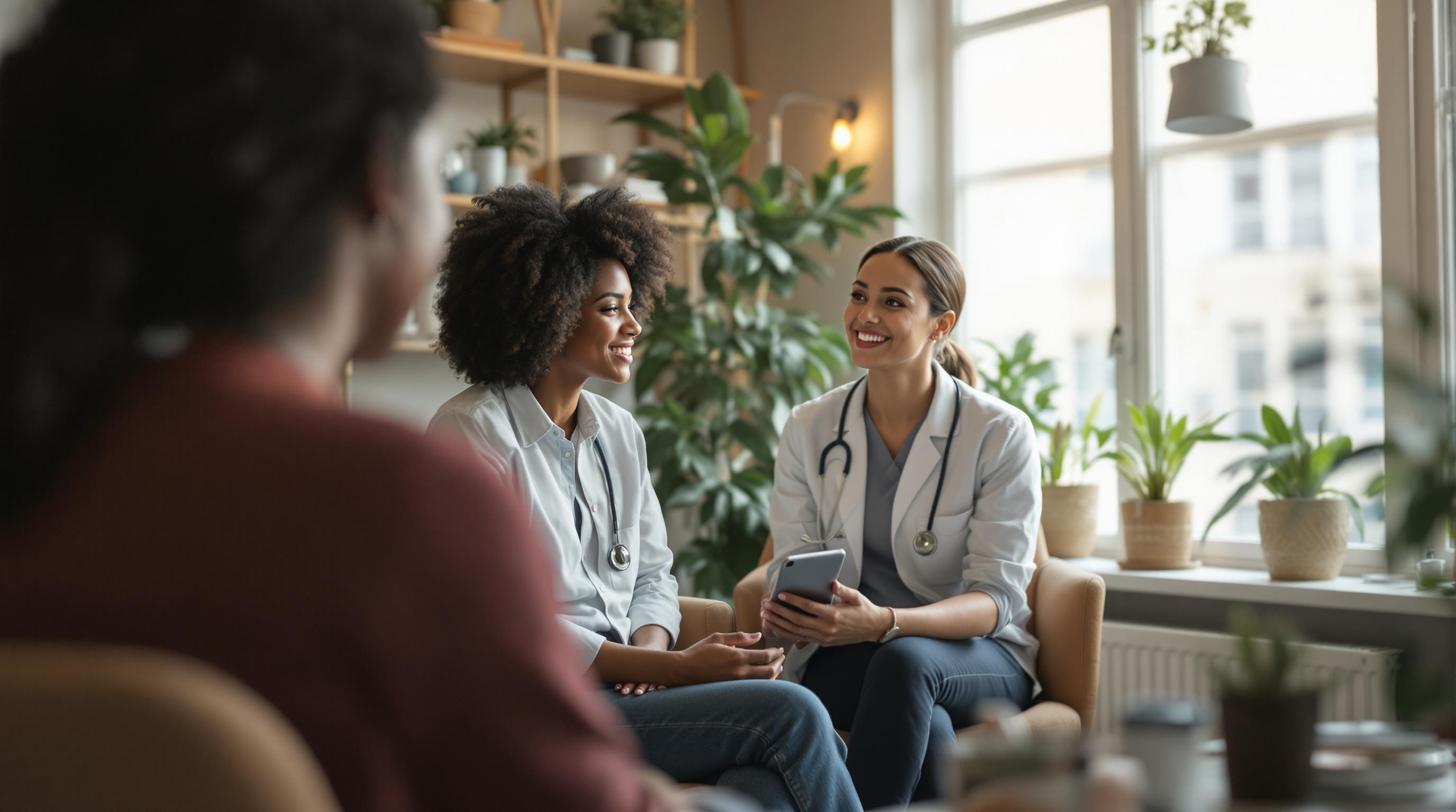 Clinical Social Worker Meeting with Patient in Therapy Office A clinical social worker sitting across from a patient in a cozy therapy office, engaged in a conversation.