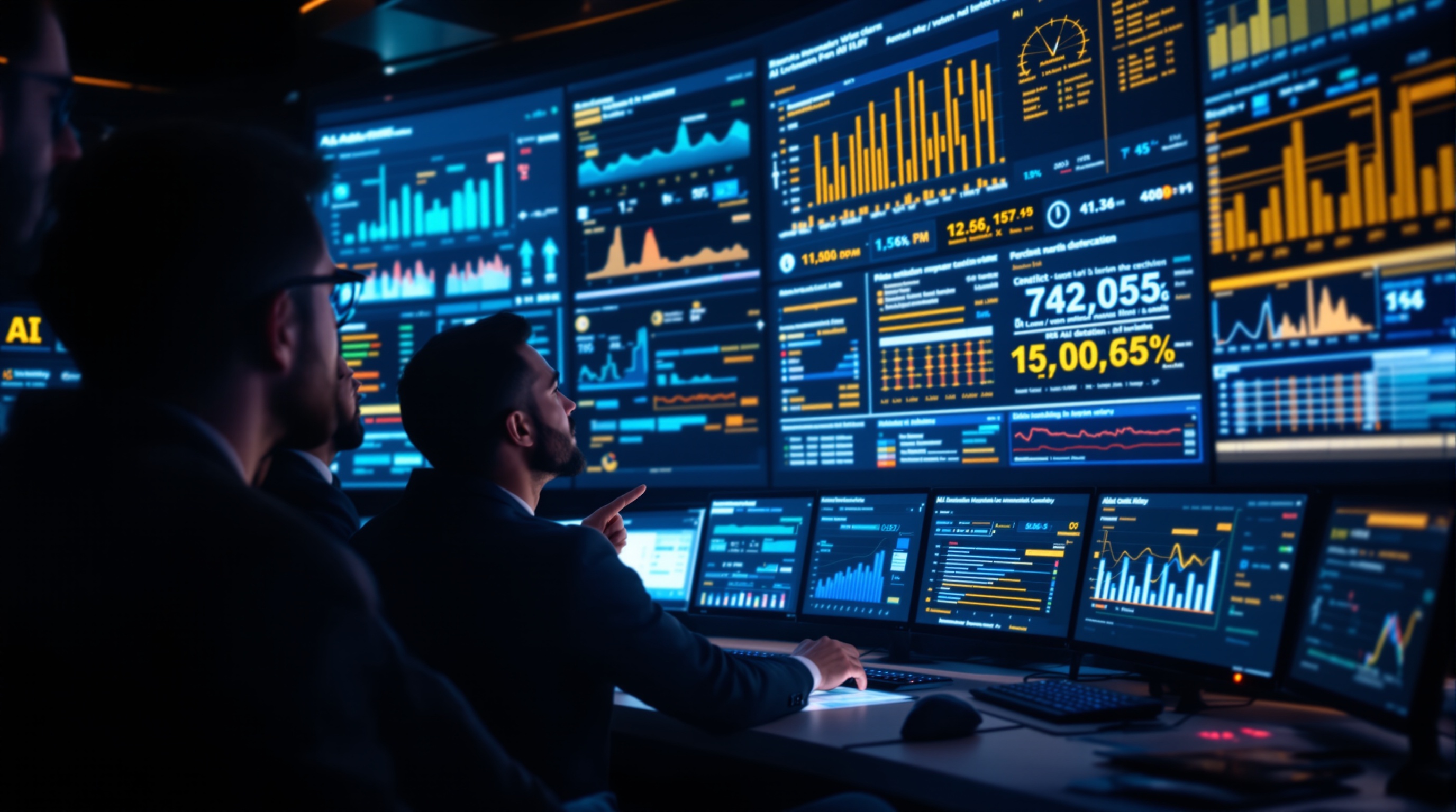 Enterprise control room with engineers monitoring AI dashboards for bias, drift, and anomaly detection