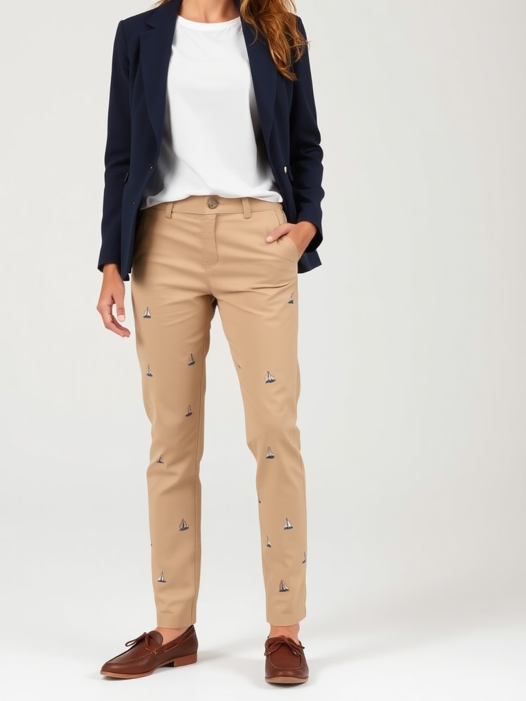 Woman in preppy critter pants outfit