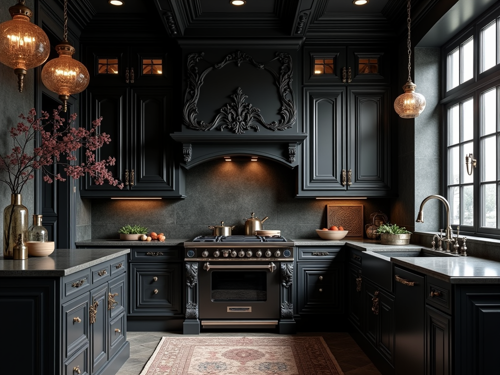 Dramatic Elegance: Gothic-Inspired Kitchen with Black Cabinetry