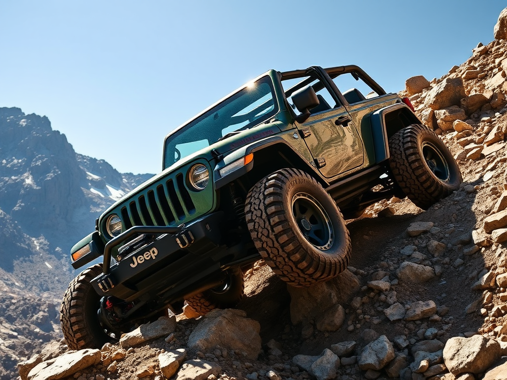 Create a realistic image of a Jeep Wrangler Unlimited climbing a steep, rocky terrain with mud-splattered tires, showcasing its off-road capabilities and powerful stance. The Jeep is dark green, with the top removed, against a rugged mountain backdrop. Sunlight glints off the vehicle's metal surfaces, highlighting its muscular frame and robust suspension system.