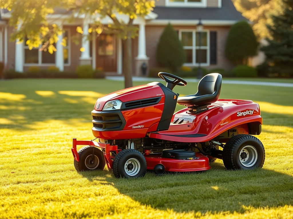 Create a realistic image of a shiny, red Simplicity riding lawn mower parked on a freshly mowed lawn in front of a suburban home, with golden sunlight casting long shadows, suggesting the completion of a satisfying mowing job.