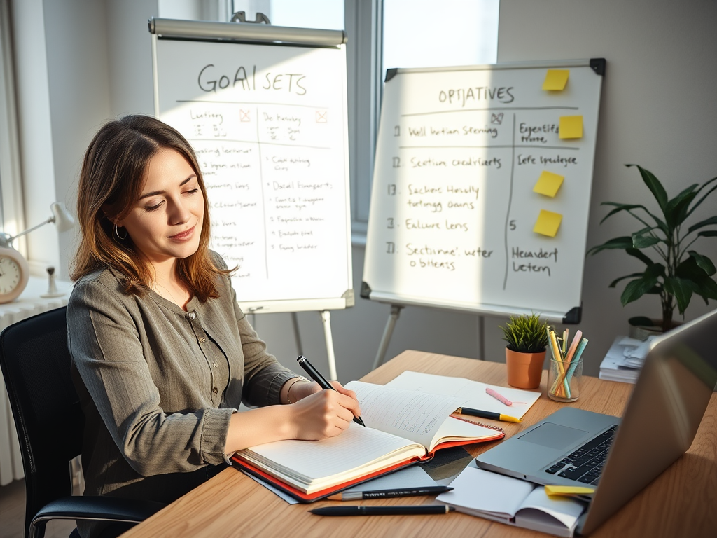 Create a realistic image of a white female professional in her 30s sitting at a desk, writing in a planner with a determined expression. A whiteboard in the background displays a goal-setting framework with clear objectives and milestones. Natural light streams through a nearby window, illuminating the organized workspace filled with productivity tools like sticky notes and a laptop.