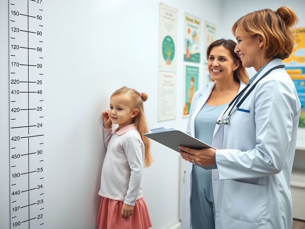 Create a realistic image of a white female doctor using a growth chart to measure a young white girl's height, with the girl standing against a wall marked with height measurements. The doctor is smiling warmly while holding a clipboard, and the girl's mother watches attentively in the background. The scene is set in a bright, clean pediatric office with colorful posters about child growth visible on the walls.