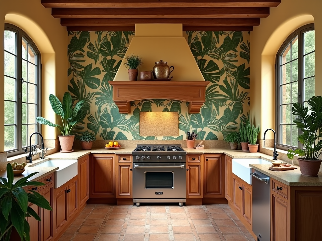 Tropical Elegance: Tuscan Kitchen with Palm Leaf Wallpaper