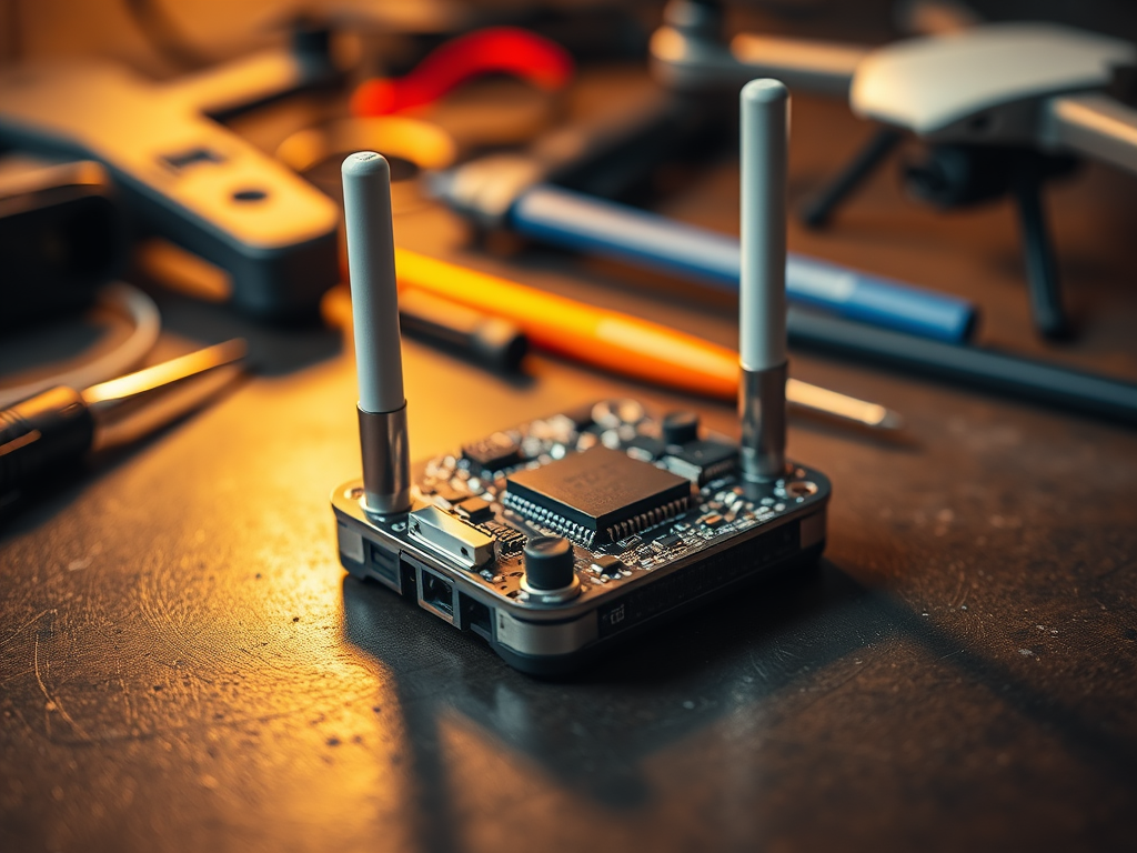 Create a realistic image of a close-up view of a radio receiver module for a DIY drone, featuring a small circuit board with antennas, placed on a workbench with soldering tools and drone parts in the background, warm lighting highlighting the intricate details of the receiver's components.