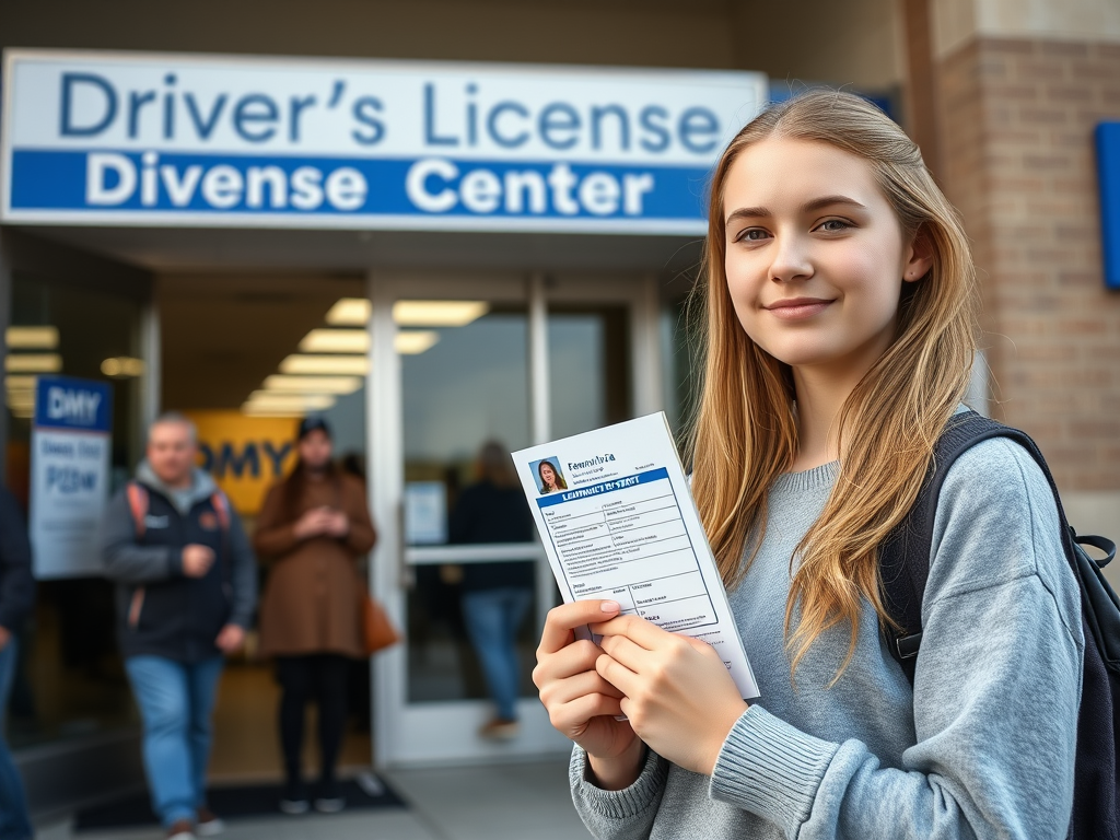 Create a realistic image of a white female teenager holding a Pennsylvania Learner's Permit booklet, standing in front of a DMV office building, with a "Driver's License Center" sign visible. The scene is well-lit during daytime, with other people in the background queuing to enter the building.