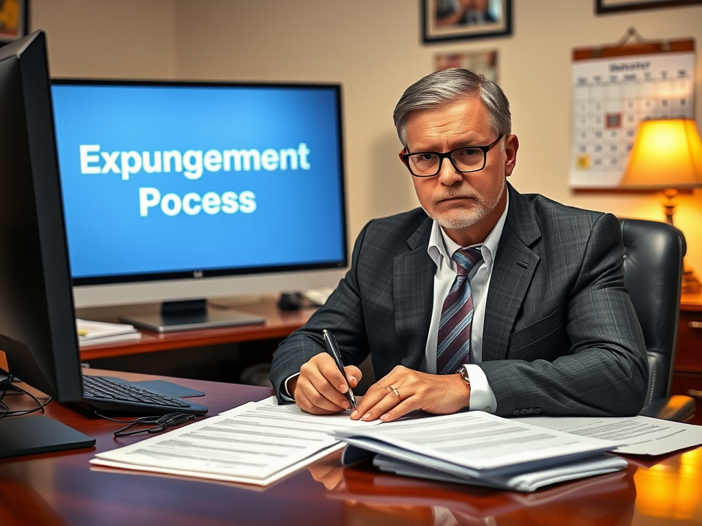 Create a realistic image of a white male in his 30s wearing a suit, sitting at a desk with legal documents spread out, filling out an expungement form. A computer screen in the background displays "DUI Expungement Process" and a calendar on the wall shows a circled date. The scene is set in a home office with warm lighting, creating a determined yet hopeful atmosphere.