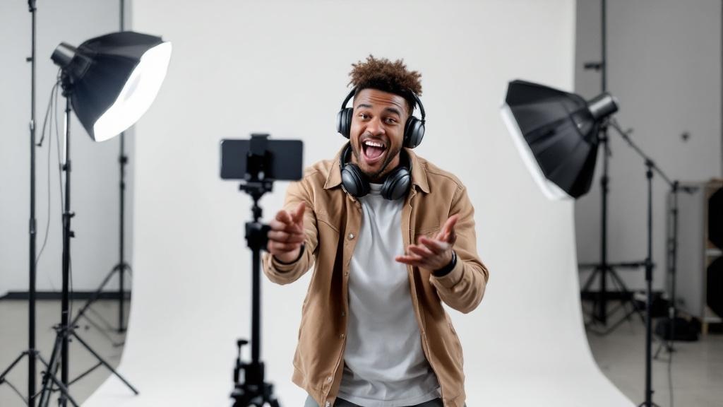 Content creator filming engaging video in professional studio
