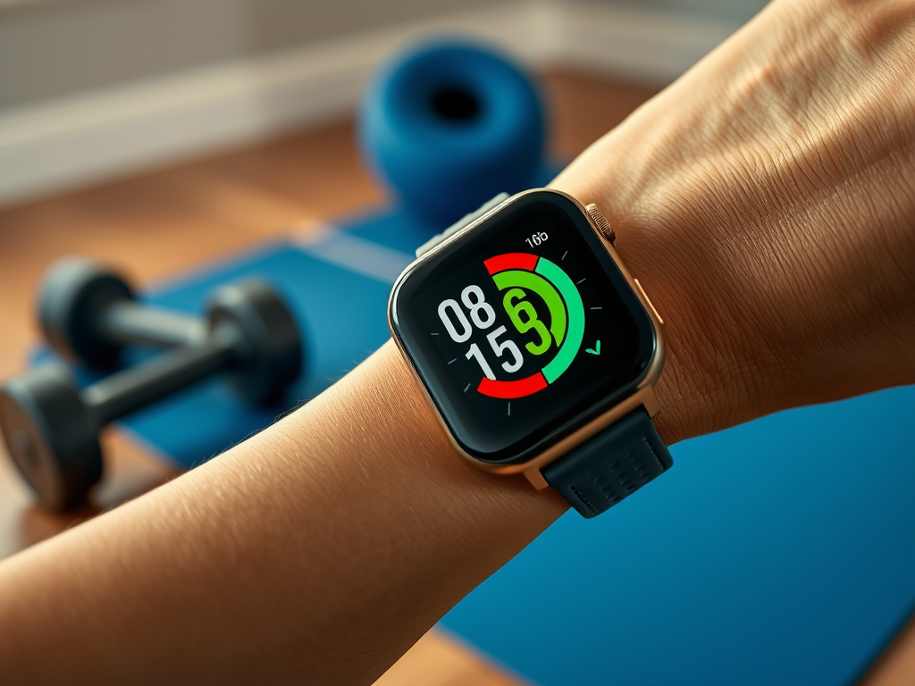 Create a realistic image of a smartwatch or fitness tracker on a wrist, displaying key features like heart rate monitoring, step count, and calories burned on its screen, with exercise equipment such as dumbbells and a yoga mat blurred in the background, warm lighting to create an inviting atmosphere.