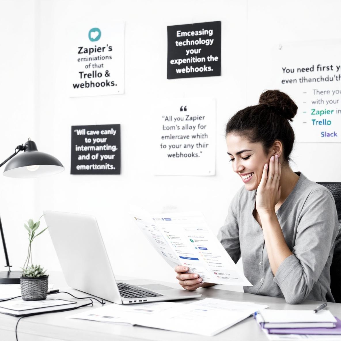 A person sitting at a desk looks relaxed and engaged while reading about the advantages of using webhooks on their laptop. The workspace is filled with notes and digital tool screens that emphasize collaboration and efficiency.
