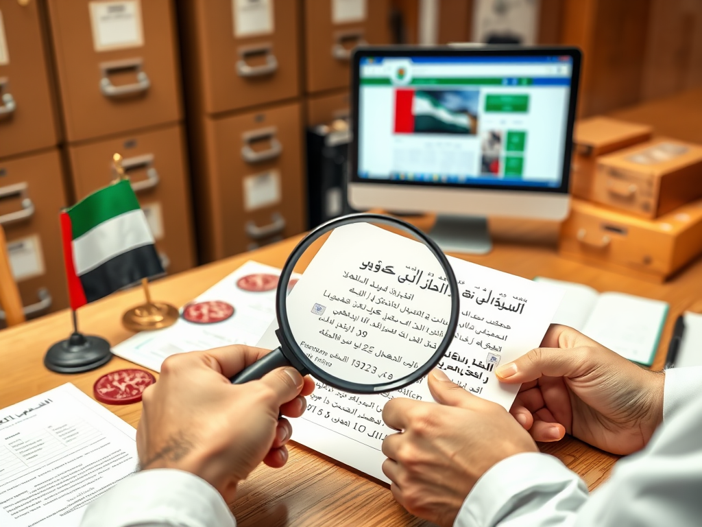 Create a realistic image of a desk with official documents, stamps, and a UAE flag, showcasing the document authentication process for a business license. Include a close-up view of hands holding a magnifying glass examining a document with Arabic text. In the background, display filing cabinets and a computer screen showing a government website.
