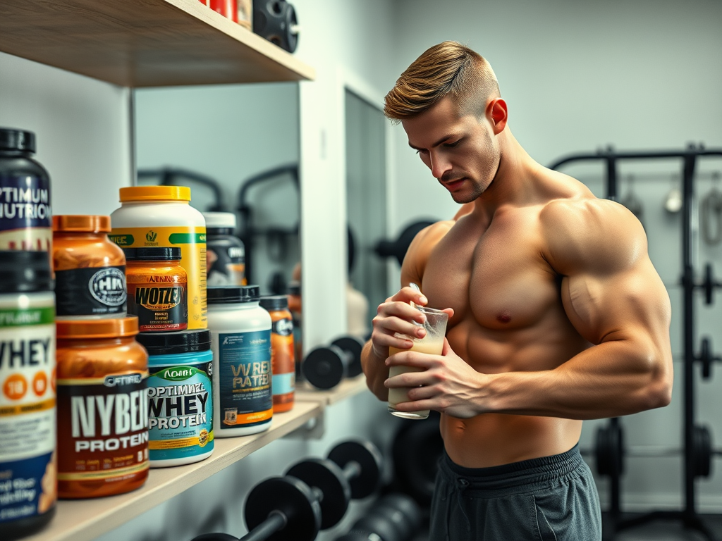 Create a realistic image of a well-lit home gym setting with various whey protein containers prominently displayed on a shelf, featuring recognizable brands like Optimum Nutrition, Dymatize, and MyProtein. Include a muscular white male in his 30s preparing a protein shake nearby, wearing workout attire. Show dumbbells and weightlifting equipment in the background to emphasize the muscle-building context.