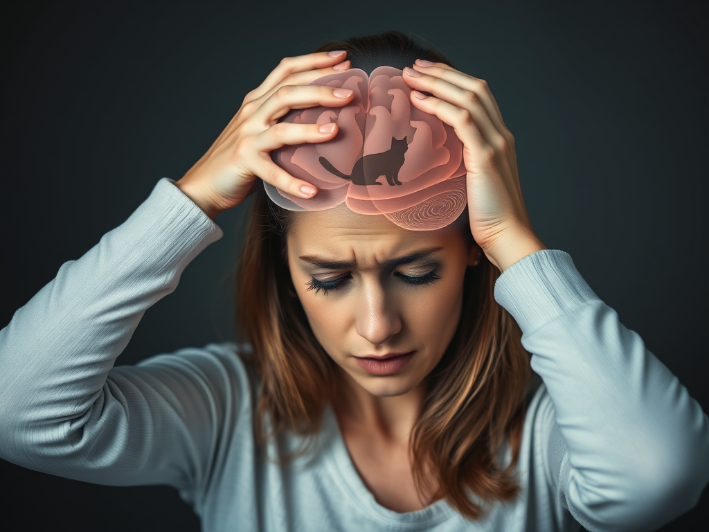 Create a realistic image of a white female clutching her head, looking distressed, with faint outlines of cat silhouettes in the background. A split-screen effect shows one half of her brain highlighted, representing the neurological impact. Subtle paw prints connect the cat silhouettes to her brain, illustrating the mind-body connection. The scene is set in a dimly lit room with a concerned expression on the woman's face.