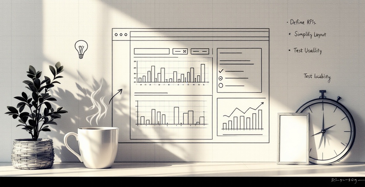 Minimalist sketch of a dashboard in progress with charts, notes about KPIs and usability, and symbols of ideation