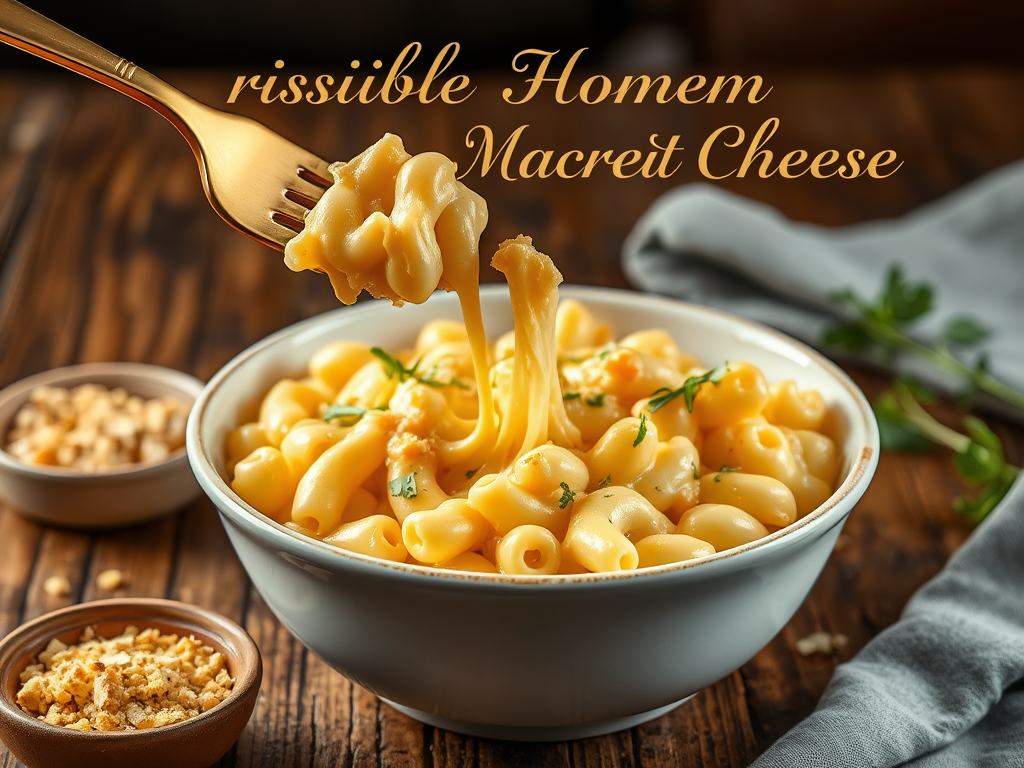 Create a realistic image of a steaming bowl of creamy mac and cheese on a rustic wooden table, with melted cheese stretching as a golden fork lifts a mouthwatering bite. A small dish of breadcrumbs and fresh herbs sits nearby, ready to be sprinkled on top. Warm, soft lighting highlights the rich, comforting texture of the dish. Include the text "Irresistible Homemade Mac and Cheese" in an elegant font at the top of the image.