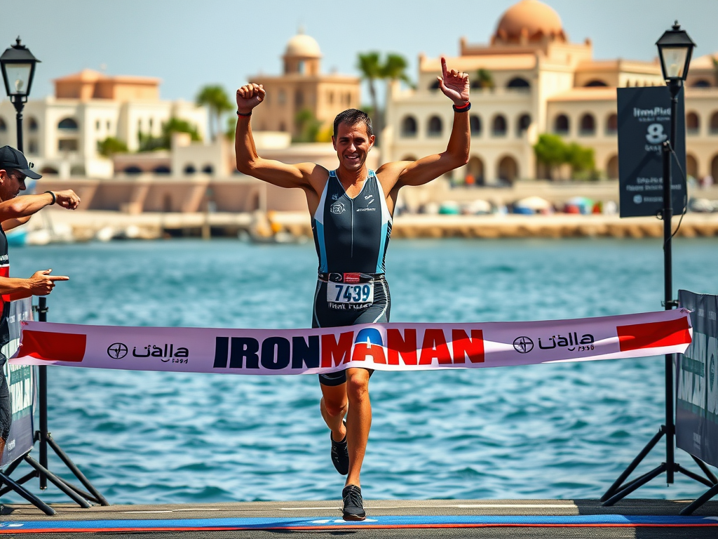 Create a realistic image of a triumphant male triathlete crossing the IRONMAN 70.3 Oman finish line, with the Omani coastline and traditional architecture visible in the background, capturing the essence of achievement and the balance between athletic pursuit and cultural experience.