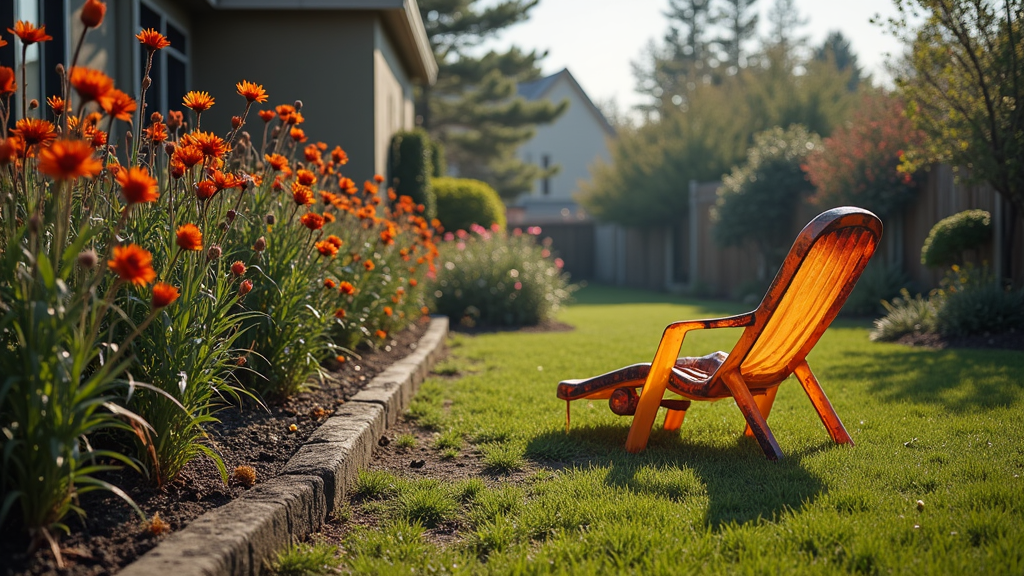 A charred garden with burned flowers and a plastic sunbather melting on the lawn, while bewildered neighbors watch in horror and confusion.