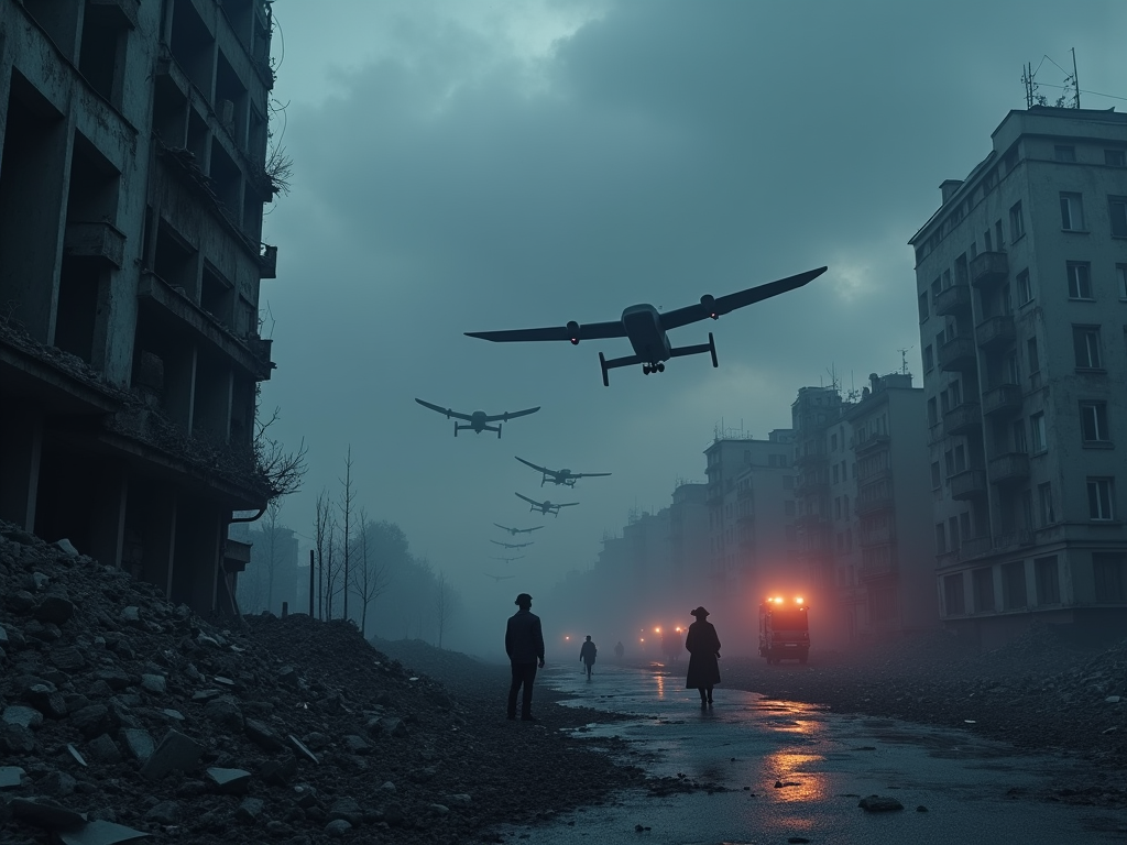 Visualize a dramatic and poignant scene depicting the aftermath of recent military strikes on Ukrainian cities. The foreground features a partially destroyed urban landscape of Kyiv, with a focus on a crumbled building and scattered debris, illustrating the severe impact on civilian infrastructure. In the background, the silhouettes of Shahed drones hover ominously under a dusky sky, painted in deep shades of gray and somber blue, symbolizing the ongoing threat. Scattered lights from emergency services flicker in the mid-ground, providing a stark contrast to the dark devastation. The artistic style should be hyper-realistic, with a focus on intricate details such as the texture of the rubble and the reflective surfaces of the drones. The mood is tense and somber, reflecting the gravity of the situation and the resilience of the civilians. The color palette should consist of cold and warm contrasts—steel blue, charcoal gray, and intermittent sparks of orange and yellow from the emergency lights. This image should evoke a sense of urgent realism, highlighting the dire consequences of the conflict and the urgent need for international support.