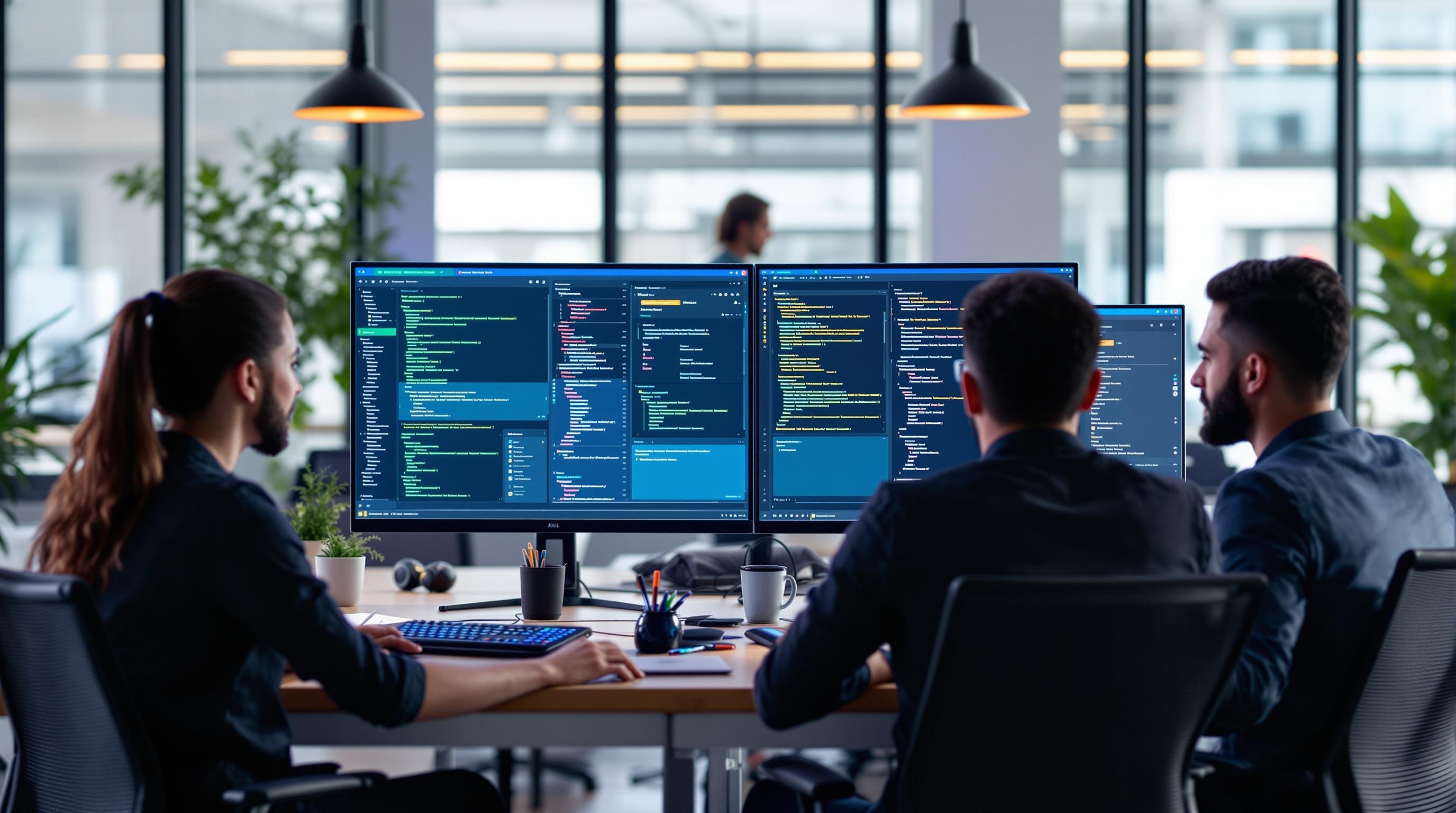 Modern development team collaborating in a digital workspace, with AI-powered code review dashboards and instant feedback notifications displayed on screens, vibrant colors, clean and professional tech environment, 16:9 aspect ratio