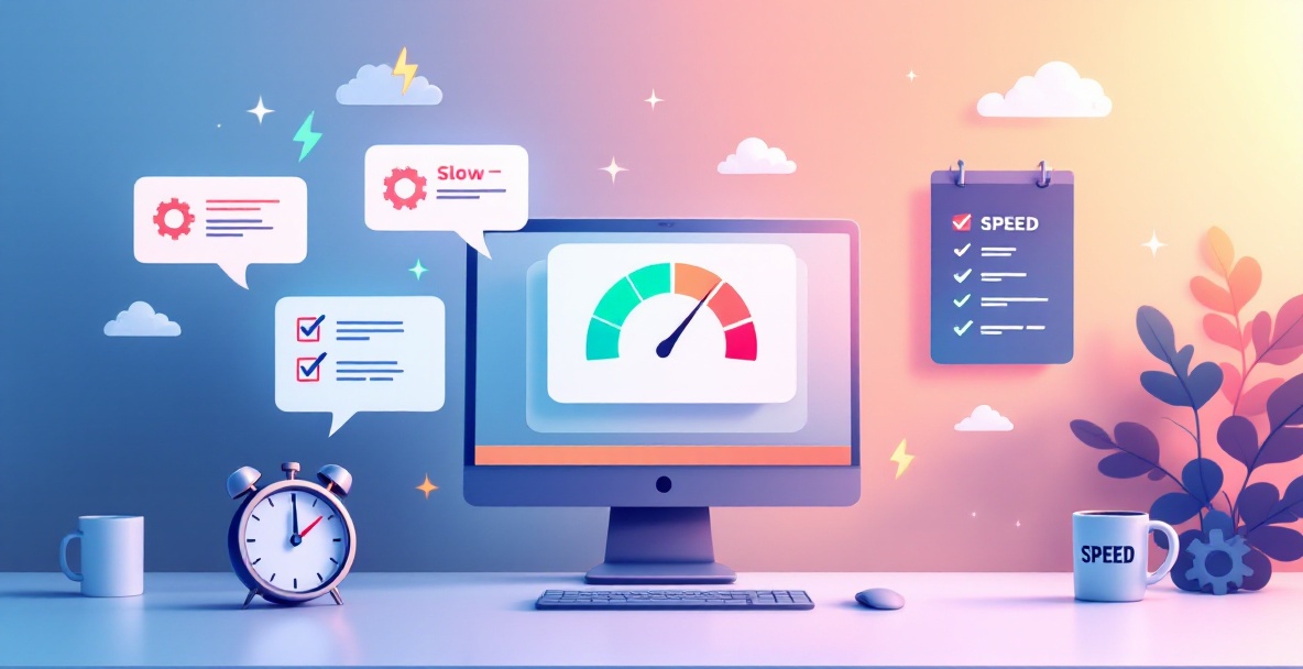 Cartoon workspace with speedometer monitor, optimization icons, and checklist showing website performance improvement journey