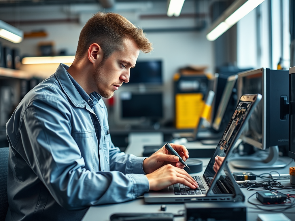 Create a realistic image of a focused white male technician in his 30s wearing a professional uniform, examining a laptop's internal components with precision tools, seated at a well-lit workbench with various computer parts and repair equipment visible, conveying expertise and attention to detail in a modern repair shop setting.