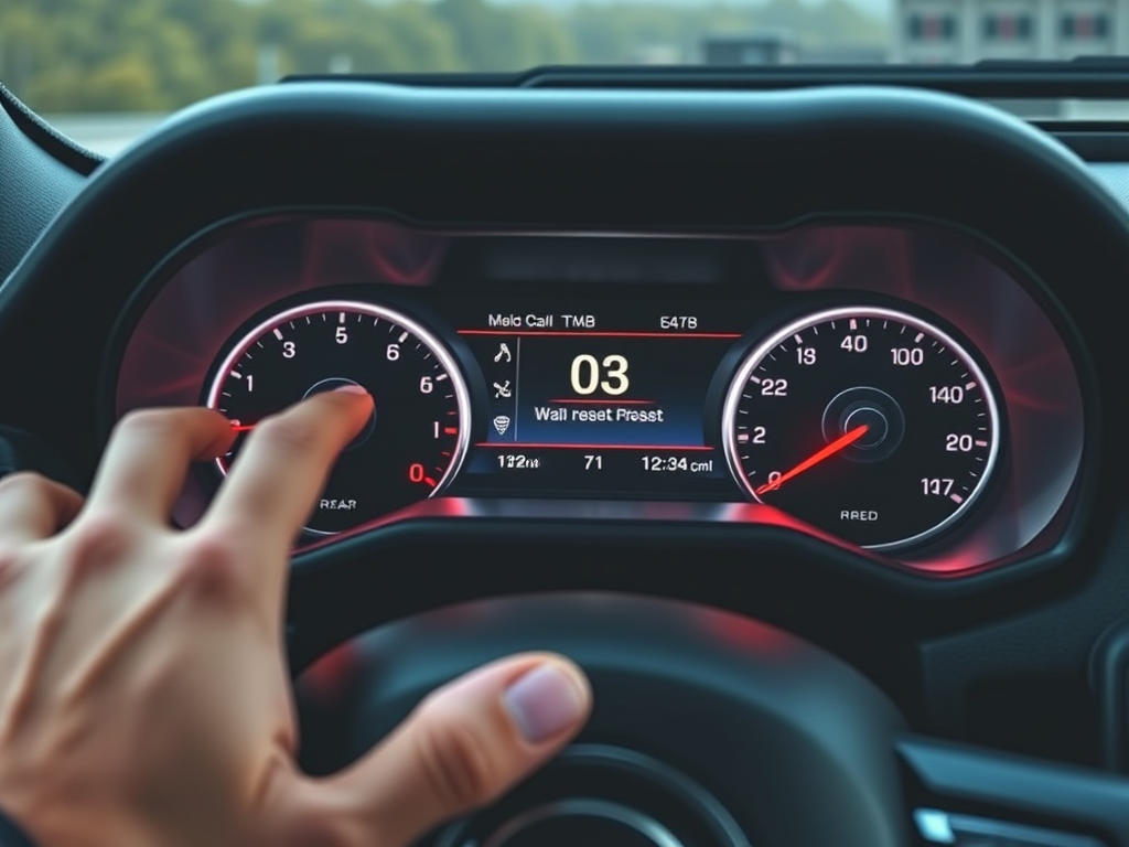 Create a realistic image of a modern Jeep Grand Cherokee dashboard with the instrument cluster lit up, showing a reset process on the digital display. A hand is visible reaching towards the dashboard, suggesting interaction with the vehicle's computer system.