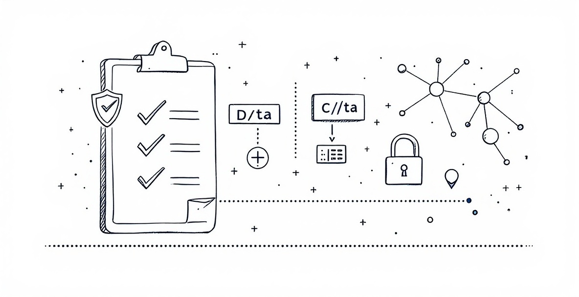 Minimalist illustration of a privacy testing framework showing a clipboard, shield, and data elements connected by a security boundary