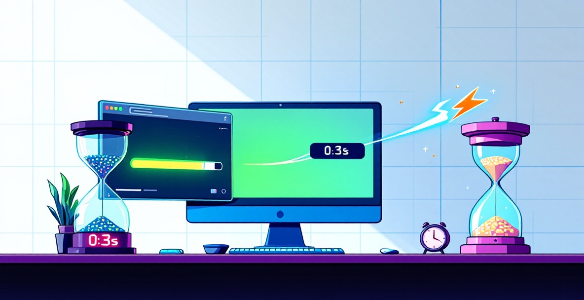 Minimalist cartoon of a website loading on a computer monitor with a progress bar, hourglass, and lightning bolt showing speed