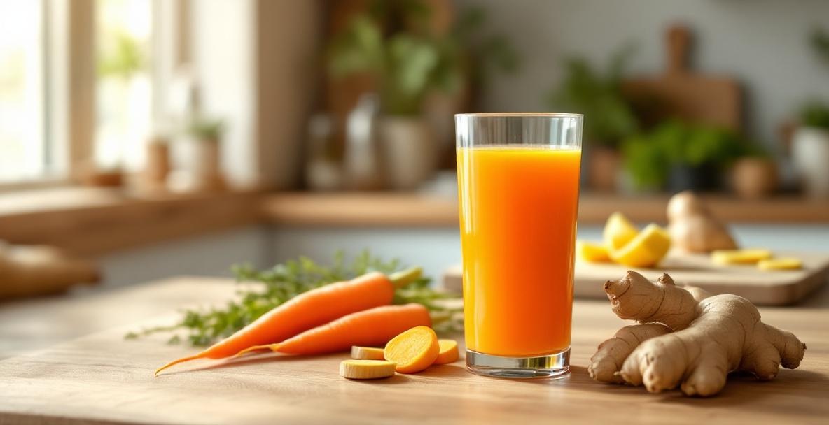 A glass of carrot ginger juice on a wooden counter with fresh carrots and ginger, in a softly lit kitchen.