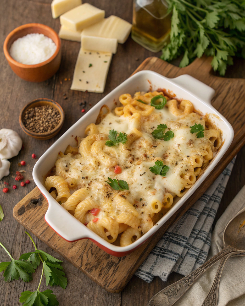 Wisconsin Five-Cheese Bake ingredients arranged on marble countertop showing five different cheese varieties, elbow macaroni, and cream ingredients