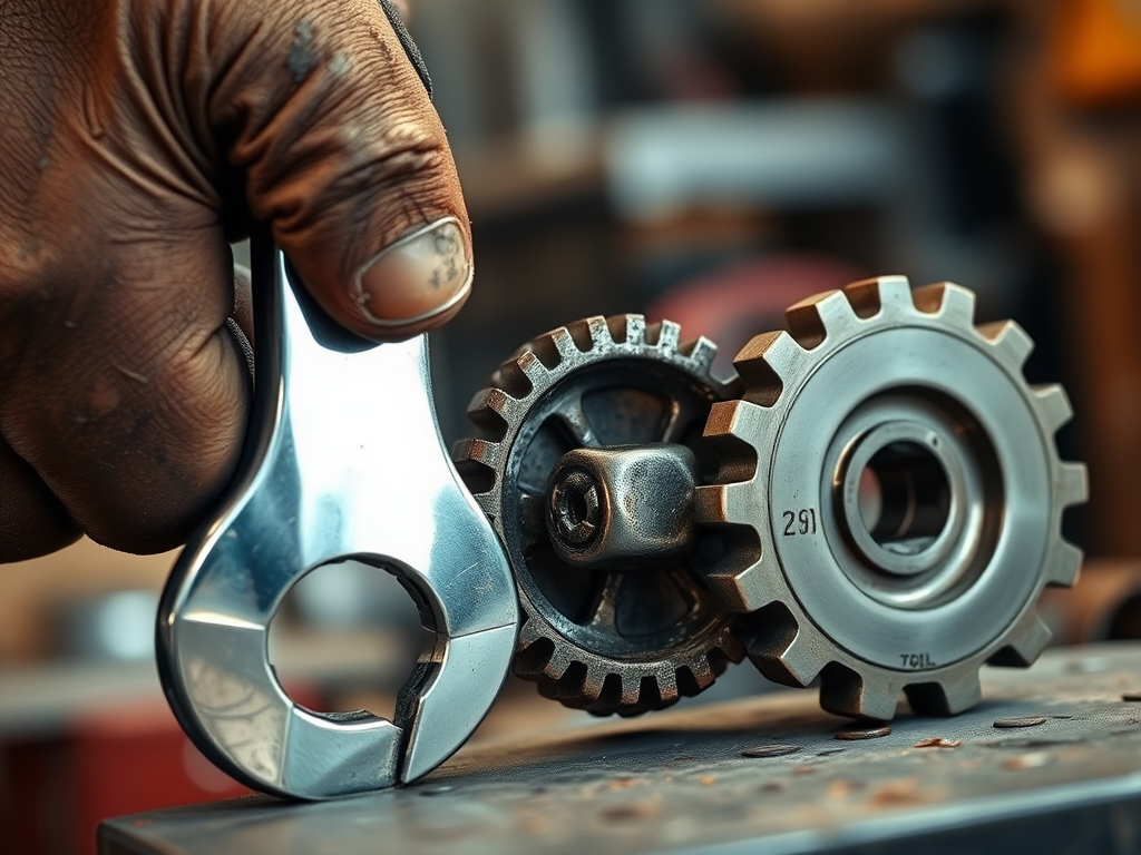a person holding spanner next to 3 interlocking gears 