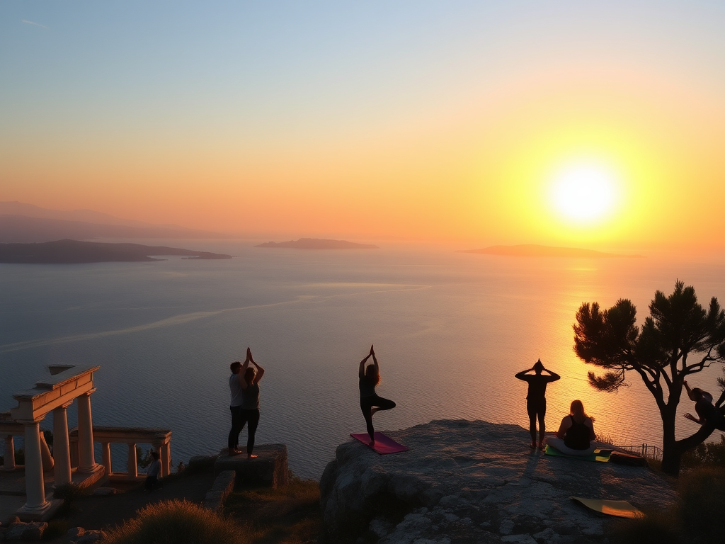 Create a realistic image of a serene sunset view over the Aegean Sea from a Greek island, with silhouettes of ancient ruins and olive trees in the foreground, and a small group of people in yoga poses on a cliff overlooking the water, capturing the essence of a peaceful yoga retreat in Greece.