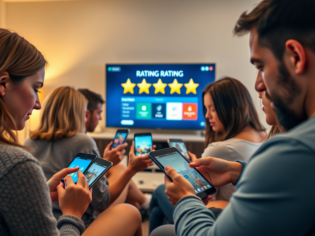 Create a realistic image of a diverse group of people looking at smartphones and tablets, with IPTV interfaces visible on their screens. The background shows a living room setting with a large TV displaying a star rating system. Warm, cozy lighting illuminates the scene, creating a comfortable atmosphere for viewing and reviewing content.