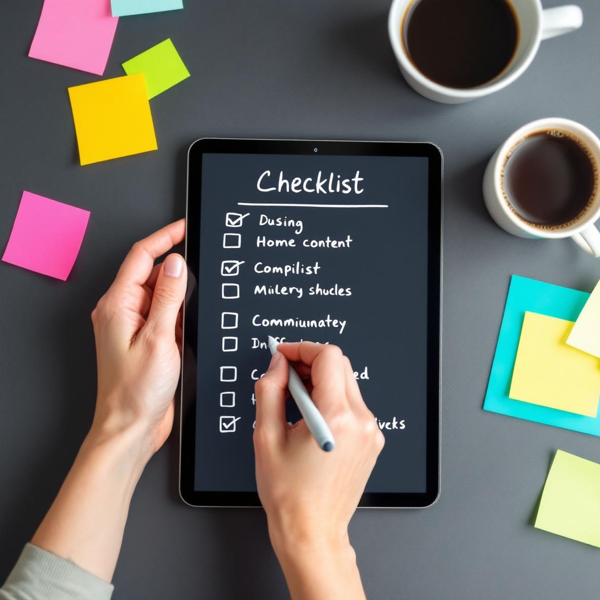 A user checking off items on a digital checklist, surrounded by an organized workspace with sticky notes and a coffee mug.