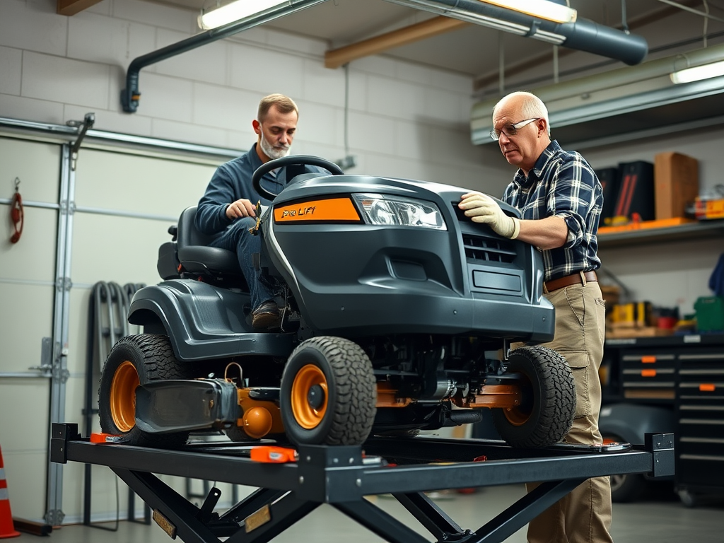 Create a realistic image of a white male mechanic demonstrating proper safety techniques while operating a Pro Lift lawn mower lift in a well-lit garage, with safety gear such as gloves and protective eyewear visible, and a partially raised lawn mower on the lift in the foreground.