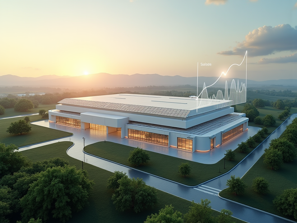 Imagine a futuristic and dynamic cover image for a paper titled 'Google's Pivot to Small Nuclear Reactors: Powering AI with a Cleaner, Sustainable Energy Future'. The visual should depict a sleek, modern Google data center, powered by a series of compact, modular nuclear reactors. The data center is stylized with a high-tech architectural design, featuring clean lines and a minimalist aesthetic. Surrounding the facility are lush green landscapes, symbolizing the harmony between technology and environmental sustainability. In the foreground, a translucent digital display shows a graph of declining carbon emissions, emphasizing the theme of sustainability. The mood is optimistic and forward-looking, illuminated by a dawn light that casts a soft, golden glow over the scene, suggesting a new era of clean energy. The artistic style is a blend of digital art and photorealism, ensuring a sharp, clear image with a focus on intricate details like the texture of the building materials and the reflective surfaces of solar panels. The color palette includes shades of cool blues and greens, representing technology and sustainability, contrasted with warm golds and whites of the dawn light, enhancing the image's visual depth and appeal.