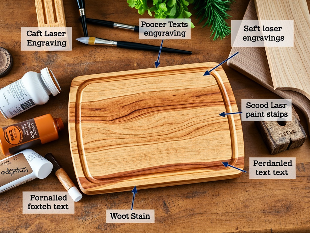 Create a realistic image of a wooden cutting board with various customization options visible, including laser engraving tools, paint brushes, wood stains, and personalized text samples, all arranged on a rustic wooden workbench with warm, natural lighting highlighting the textures and details.