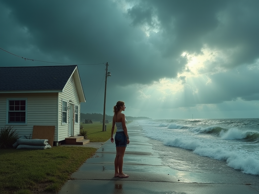 Visualize a dramatic and poignant scene capturing the dual impact of Hurricanes Helene and Milton on a coastal town in Florida. The foreground should feature a split scenario: on the left, a woman, Tanya Marunchak, portrayed as defiant and resolute, stands in front of her modest, yet sturdy-looking home under ominous storm clouds, symbolizing her decision to stay despite the looming threat. She should appear prepared, with sandbags and boarded-up windows, conveying a sense of perceived security. On the right, depict a contrasting scene of evacuation, with Candice Briggs, a young mother, hurriedly packing her car, her expression a mix of fear and urgency, under a sky that is slightly clearer, indicating the recent passage of Hurricane Helene. The background should merge these two sides with a powerful and turbulent ocean, massive waves crashing near the shore, illustrating the imminent arrival of Hurricane Milton. The sky should be a gradient from dark stormy blues on the left to lighter, troubled grays on the right, reflecting the transition from one hurricane's impact to another. The overall mood is tense and foreboding, capturing the gravity of the hurricanes' approach and the stark socio-economic realities influencing individual decisions. Artistic style should be realistic with a touch of hyper-realism to emphasize the emotional weight of the scene, with detailed texturing to highlight the violent wind and rain effects. The color palette should include deep blues, grays for the stormy atmosphere, and muted earth tones for the homes and surroundings, conveying a somber, urgent feel.