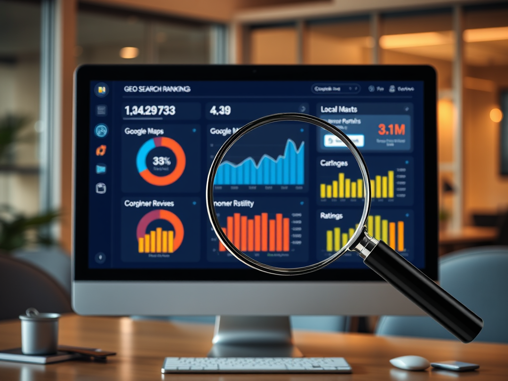 Create a realistic image of a digital dashboard on a computer screen displaying various GEO metrics such as local search rankings, Google Maps visibility, and customer review ratings, with a magnifying glass hovering over the screen emphasizing key performance indicators, all set against a blurred office background with warm lighting.