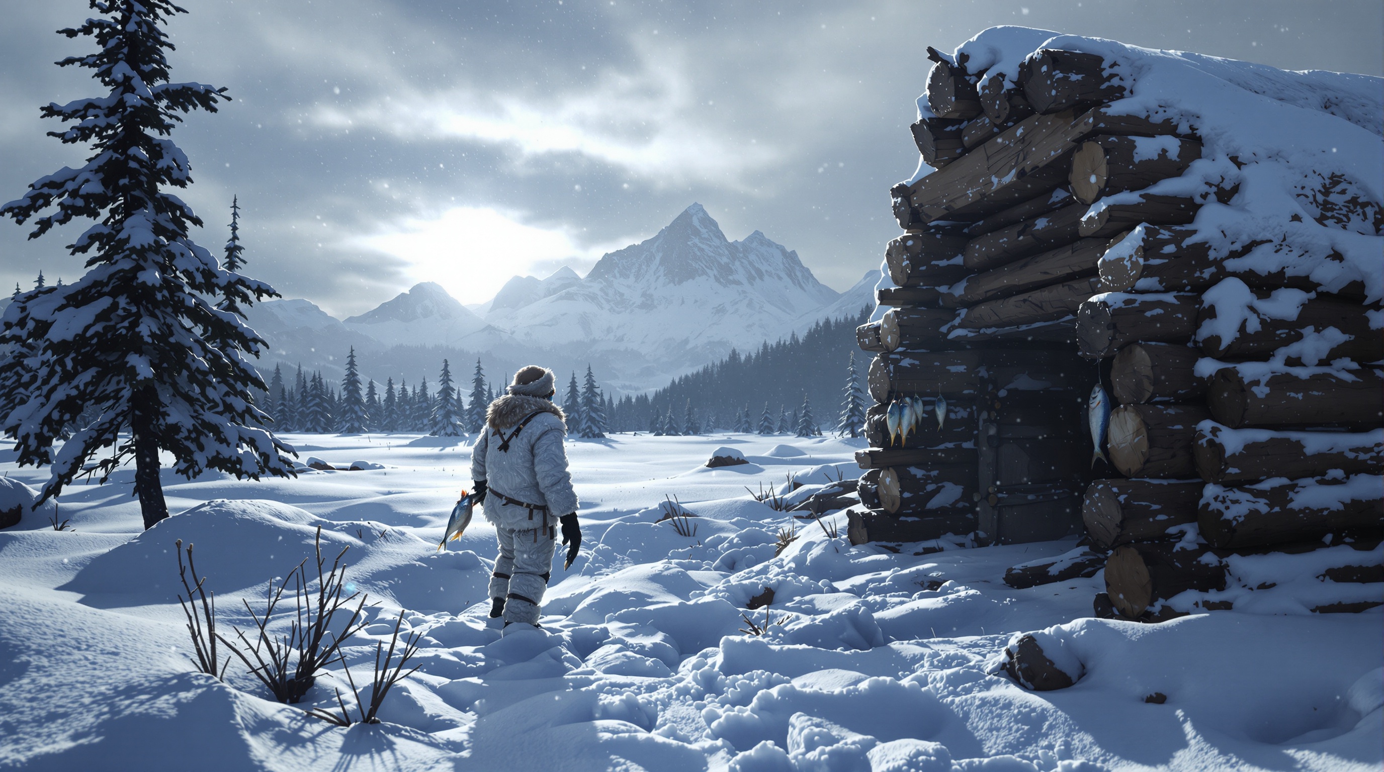 Análisis del entorno nevado en Frost Survival VR, mostrando un refugio improvisado.