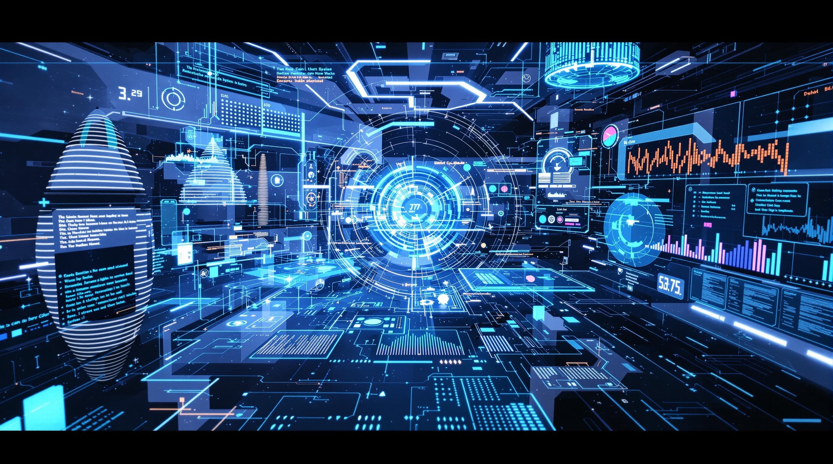 Futuristic scene of an AI system analyzing a complex environment using integrated data streams—visual, text, and audio overlays—showing object recognition and scene understanding, sleek digital style, clean and modern design, 16:9 aspect ratio