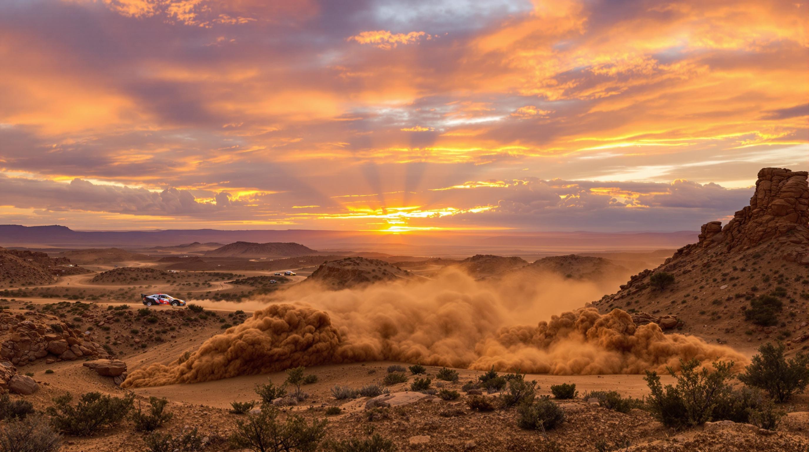 A beautiful sunrise over a rally stage, dust and rugged terrain visible.