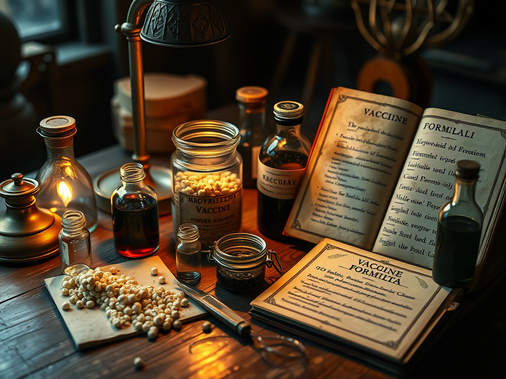 Create a realistic image of an old-fashioned laboratory table with various surprising vaccine ingredients laid out, including a small vial of horse blood, a jar of ground-up pearls, a container of mold, and a bottle labeled "mercury." A worn, leather-bound recipe book is open nearby, displaying an antique vaccine formula. The scene is dimly lit with warm, amber light from an old-fashioned lamp, creating a mysterious and historical atmosphere.