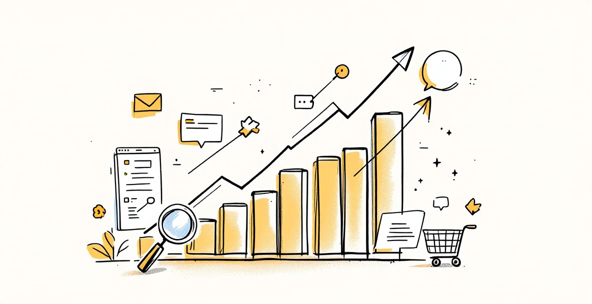 Sketch showing A/B test graph with growth arrows, marketing icons around it.